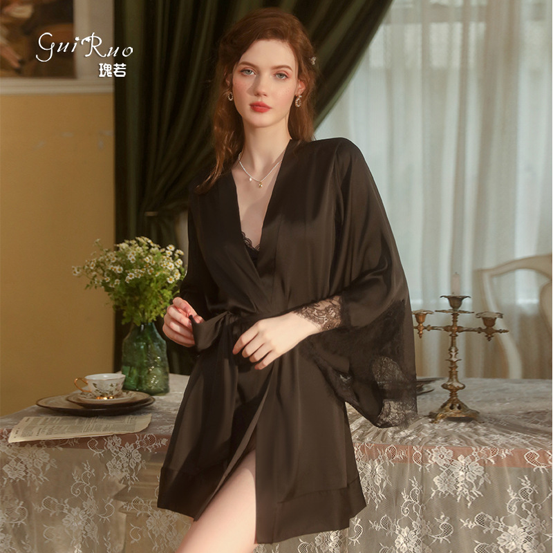 Graceful and Sexy Open-Front Deep V Seductive Satin Lace Simple and Comfortable Loungewear That Can Be Worn Outside as a Robe or Nightgown 1001