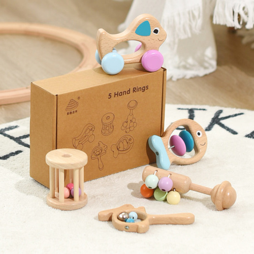Wooden baby colorful hand rattle five-piece set crib bell music early education soothing musical instrument toy