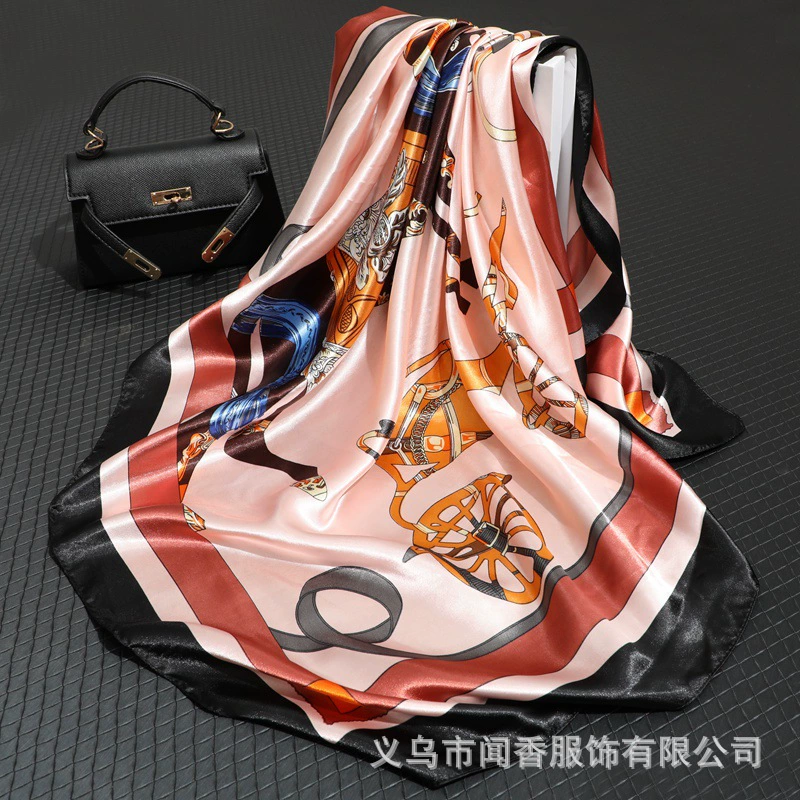 Classic realistic silk carriage, square scarf, 90cm, with neck protection
