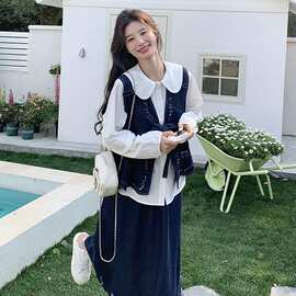 韩系牛仔套装裙女2026春季新款白色打底衬衫马甲半身裙气质三件套