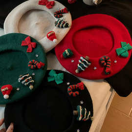 圣诞礼物红色羊毛呢贝雷帽子女冬季日系保暖百搭学生蓓蕾画家帽潮