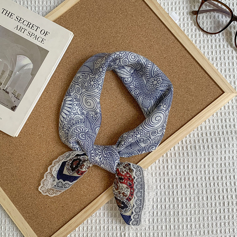 Bufanda de seda, bufanda cuadrada pequeña, sensación de alta calidad, nuevo pañuelo de encaje francés, diadema pastoral femenina de verano, cinta para el cabello atada