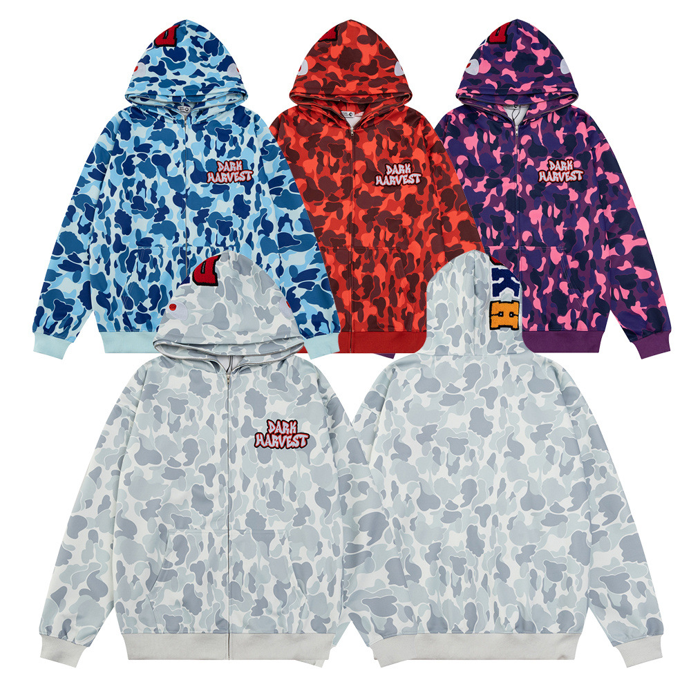 Sweat-shirt à capuche zippé style requin pour homme, style streetwear, camouflage, double capuche, broderie de lettres, veste décontractée_voghion.com