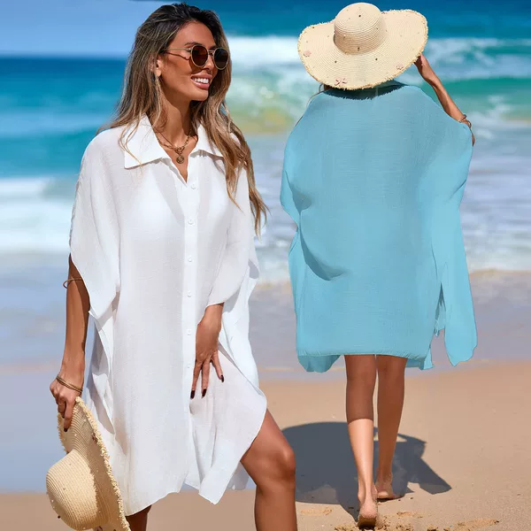 2026 Beach Cover-Up Cross-Border Polo Collar Shirt Beach Dress Sheer Top Loose Short-Sleeved Bikini Cover-Up