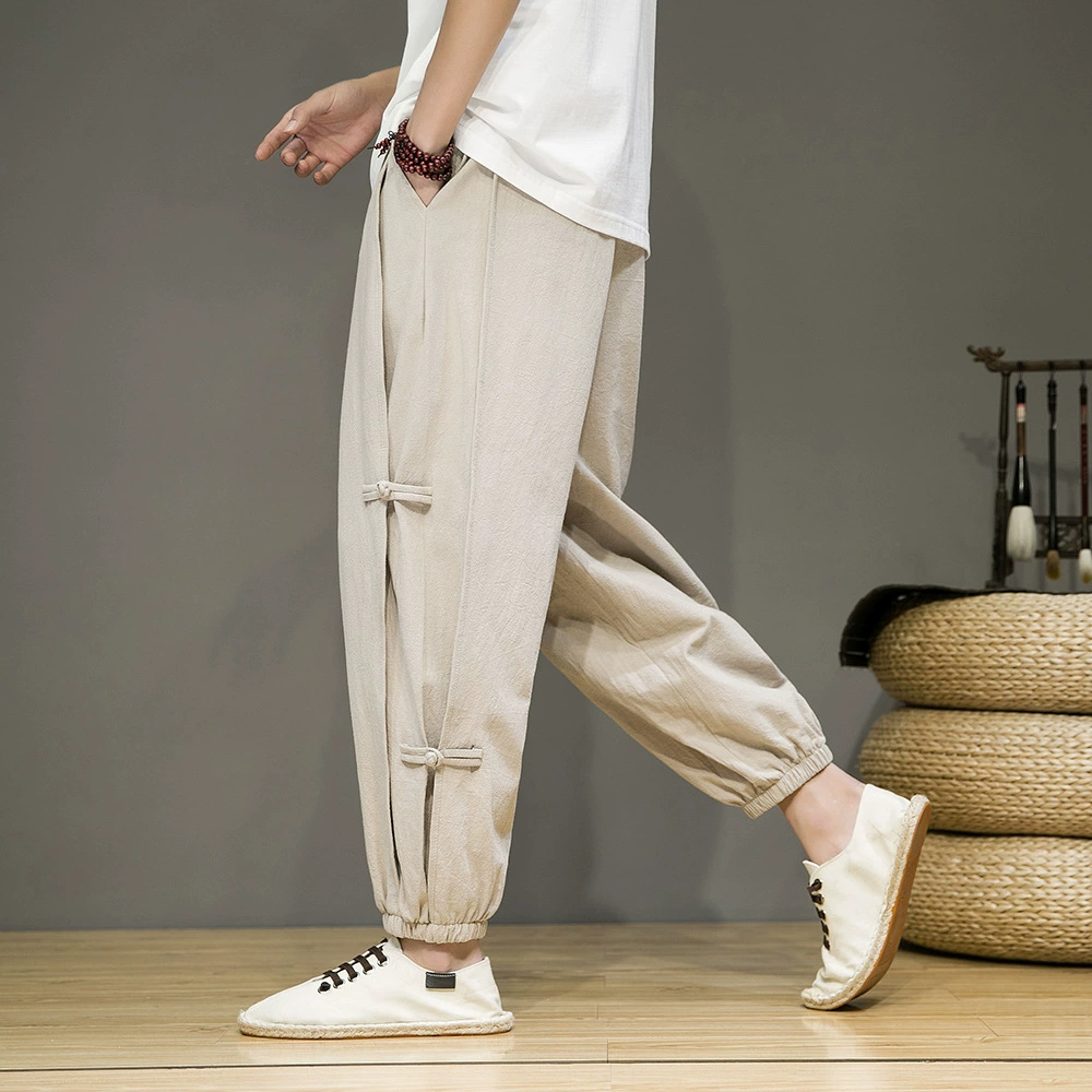 2024 летний новый мужской тренд ретро с пряжкой стерео китайский стиль девятиукороченные брюки шаровар повседневные брюки