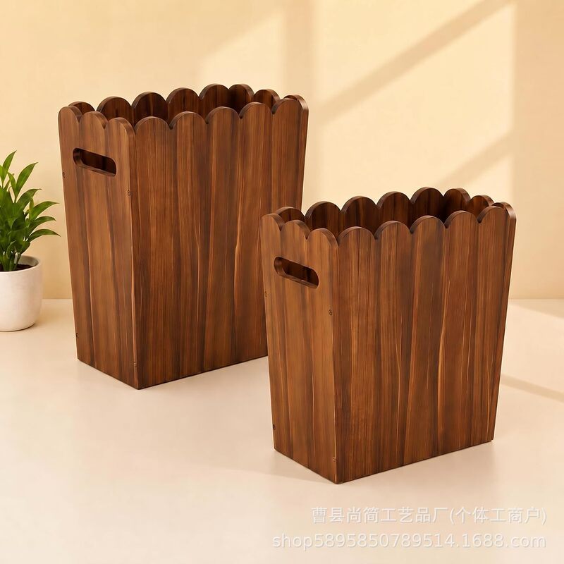 Wooden wavy edge bathroom trash can, decorative trash bin, waste paper basket, solid wood storage basket, household trash can Wooden wavy edge bathroom trash can, decorative trash bin, waste paper basket, solid wood storage basket, household trash can