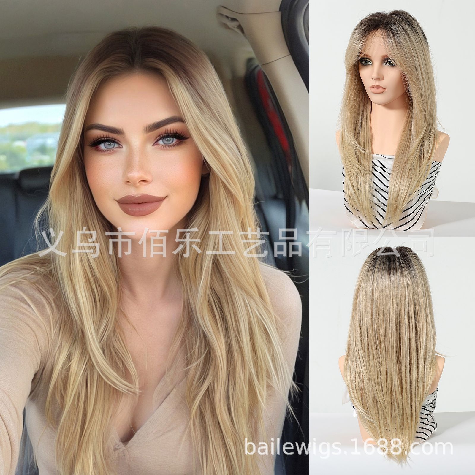 MONO gancho de mano peluca tiro real cabeza dorada capa degradada cabello largo y liso venta caliente europea y americana cubierta completa Wig