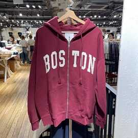 BM风新款美式复古Boston贴布刺绣拉链外套女上衣bm大板型连帽卫衣