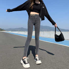 韩版外穿九分牛仔裤女2023新款拼接高腰小脚裤外搭弹力铅笔紧身裤