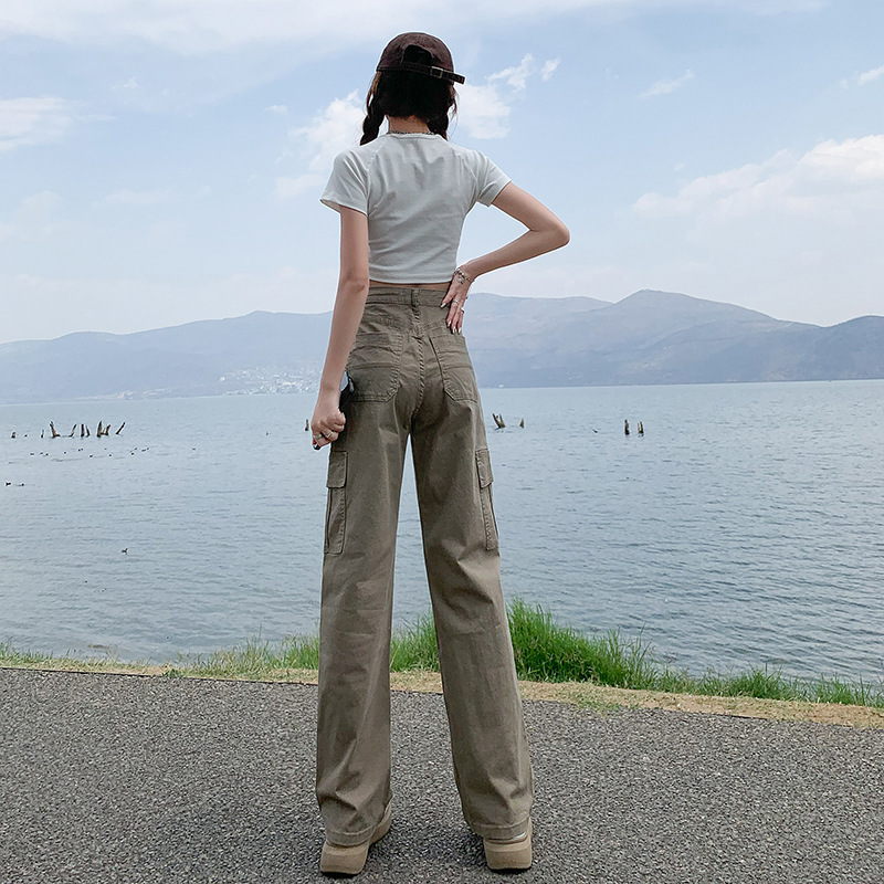 アメリカンストレートカーゴパンツ女性のための 2025 秋の新ハイウエストルーズ痩身狭いワイドレッグカジュアルパンツ|undefined