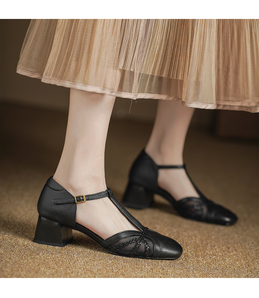 Giày sandal cao gót nữ hở mũi da cừu lưới gót vuông quai chữ T — đen chi tiết 9