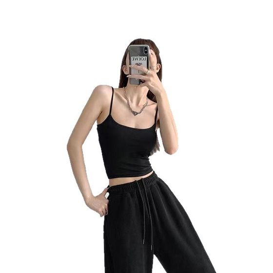 Cotton Thin Shoulder Strap Spice Girl Solid Color Camisole Vest Women's Slim-fit Slimming Base Tube Top with Chest Pad Trendy Outer Wear