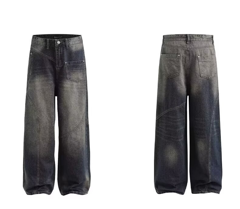 Men's Clothing retro distressed straight jeans for men spring and autumn new high waist loose slim drape high street wide leg pants_ipsvogv.com