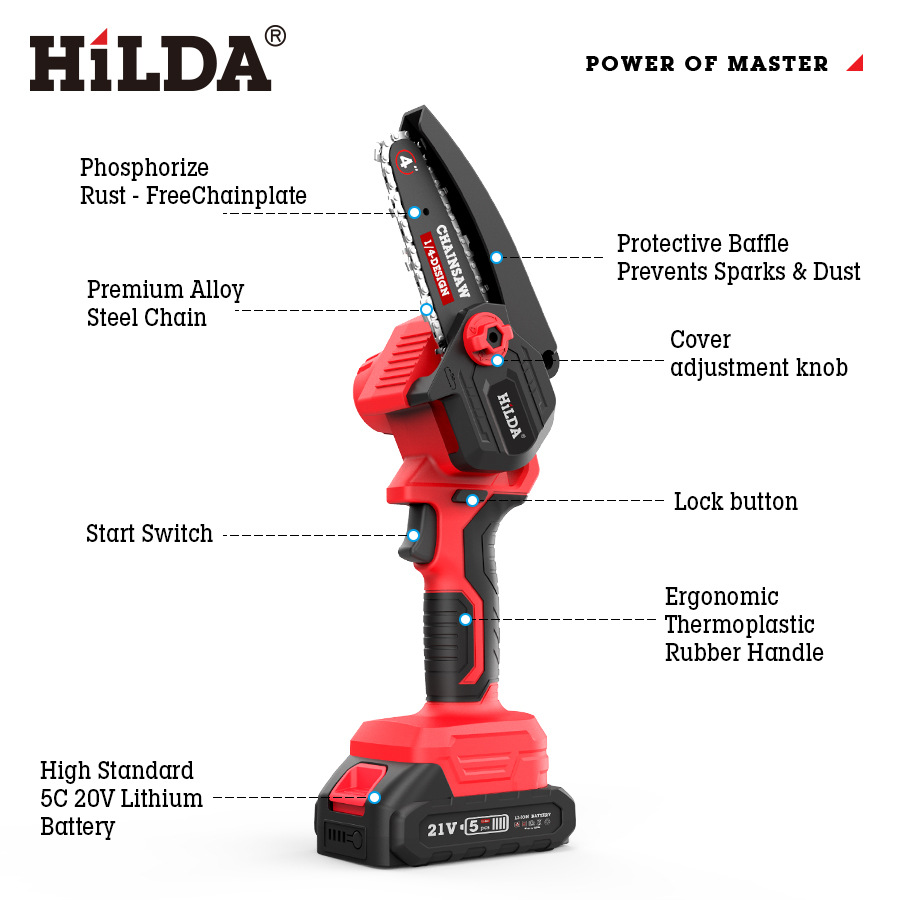 HILDA transfronterizo inalámbrico de 4 pulgadas sierra de cadena eléctrica mini Sierra de carpintería Sierra de cadena eléctrica de litio Sierra de registro de herramientas de jardín comercio exterior