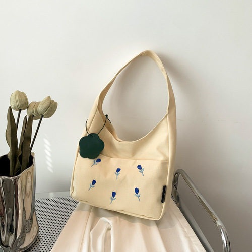 加厚帆布包 日系简约手提包ins风大容量小众刺绣女单肩包托特包