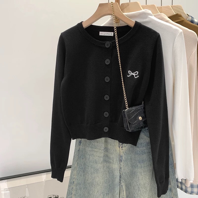 Gray Long-Sleeved Bow-Knot Spring Knitted Cardigan for Women 2026 New Slim-Fit Round-Neck Jacket Autumn and Winter Outer Sweater