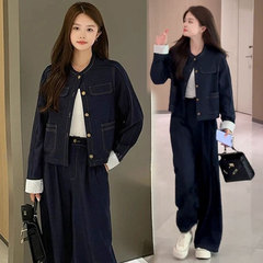 时尚牛仔套装女2025秋季新款时髦洋气条纹拼接短外套阔腿裤两件套