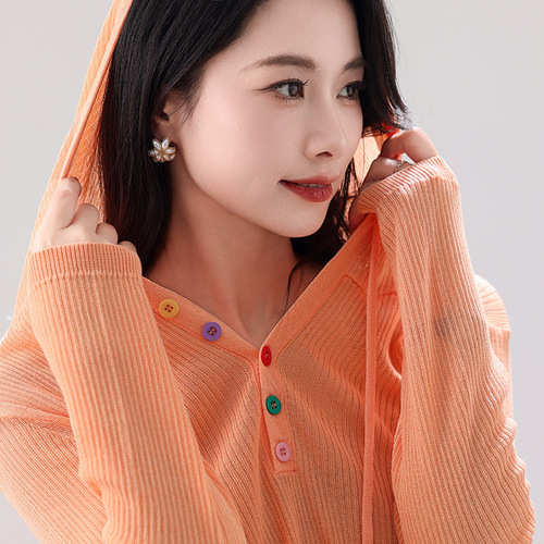 Spring and Summer 2025 New Hooded Knit Cardigan Half-Open Color Button Long-Sleeved Solid Color Striped Loose Base Layer Top