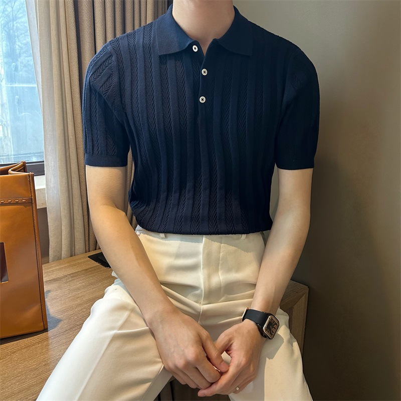 Polo camiseta de punto camiseta de manga corta hombre hueso de pescado estampado antiguo viento delgado camiseta de hielo seda de verano fábrica transfronteriza al por mayor