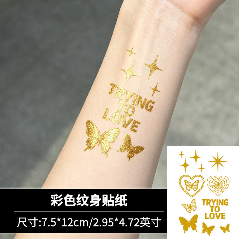 Gold Foil Tattoo Stickers English Butterfly Star Heart Stickers Music Festival Party Waterproof Temporary Wrist Tattoos Gold Foil Tattoo Stickers English Butterfly Star Heart Stickers Music Festival Party Waterproof Temporary Wrist Tattoos