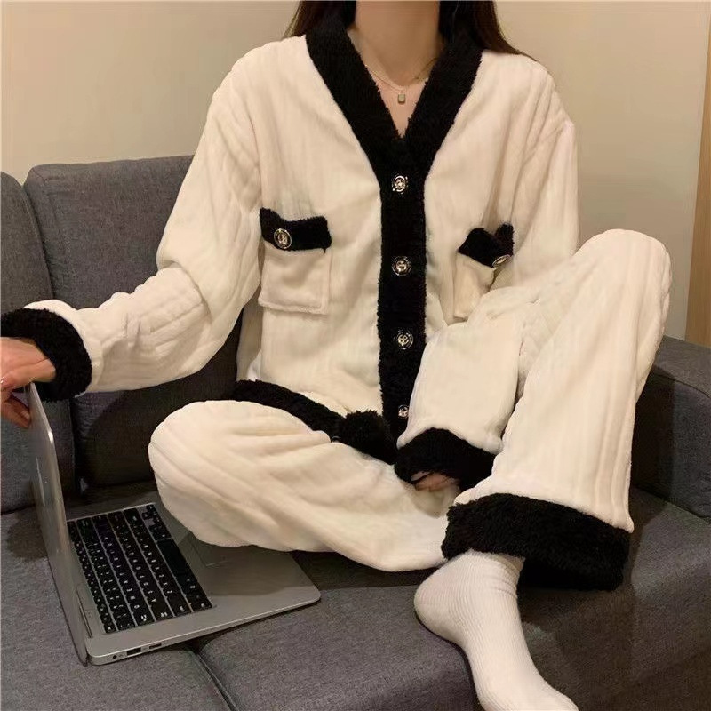 Pijamas de lana de coral con cuello de muñeca dulce francés para mujer más terciopelo engrosado ropa de hogar de franela de invierno traje de gran tamaño invierno