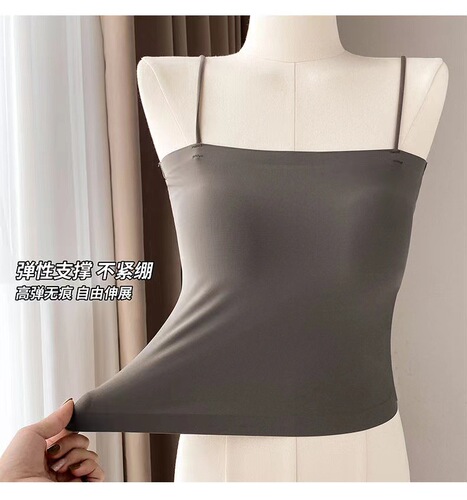 Summer Ice Silk Seamless One-Piece Cup Bralette Tank Top Outer Wear Base Layer Straps One Shoulder Wrap Bra Top Nipless Backless Top