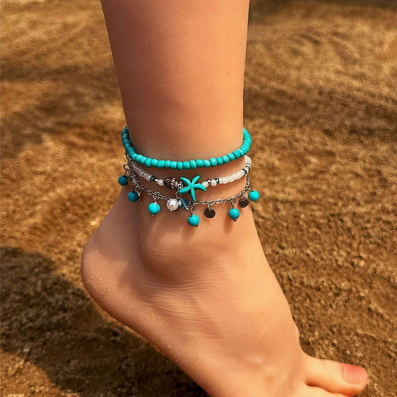 Летняя бирюзовая anklet браслет, пляжный набор, стиль бохо