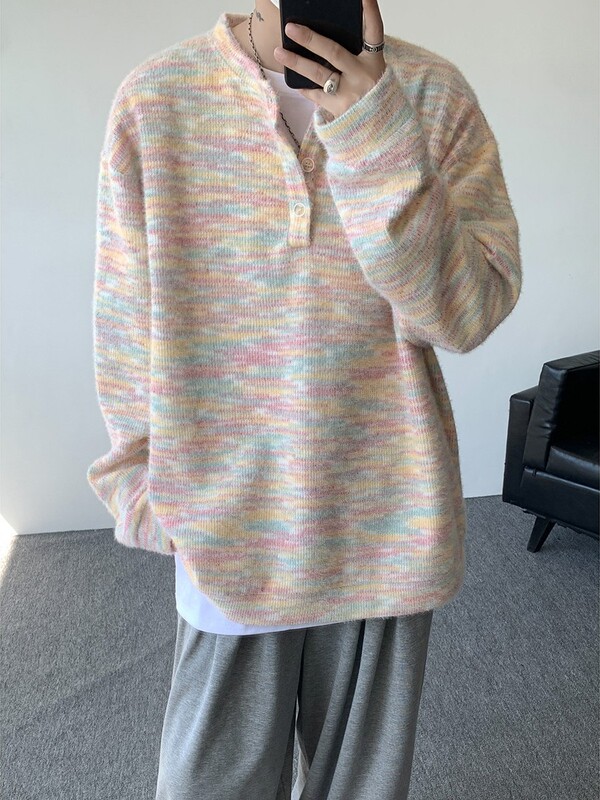 New Rainbow-Colored Soft and Waxy Buttoned Round Neck Sweatshirt for Men and Women Couples 2025 Autumn Fashion Brand Loose and Versatile Casual