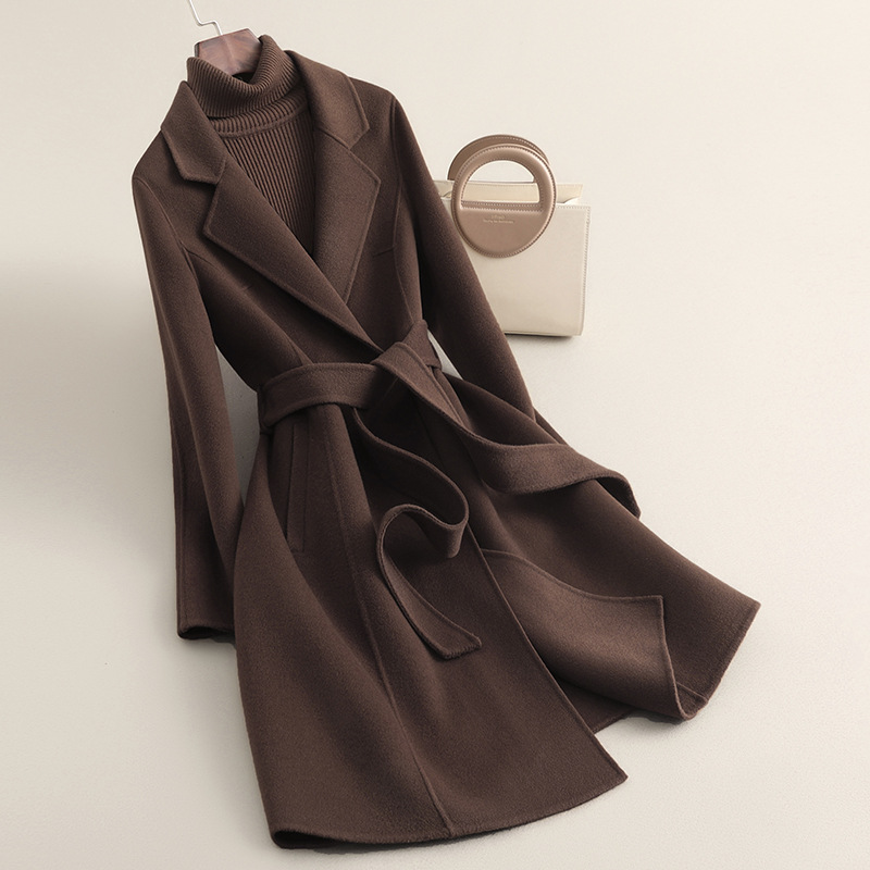 春の新作ハイエンド小柄コート女性用ミドル丈両面ゼロカシミアウエストウールウールコート女性用