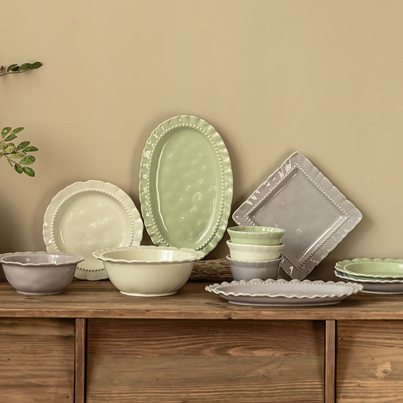 Usnea series exquisite lace ceramic tableware suit household high color value bowl plate wholesale dish square plate large bowl plate