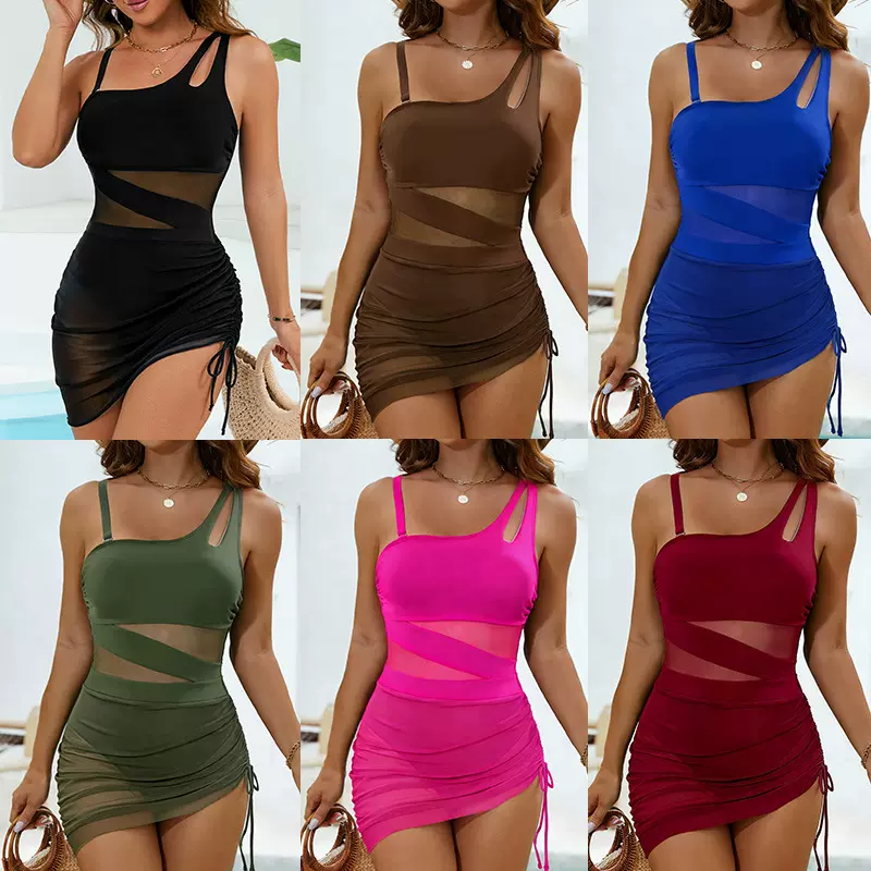 2026亚马逊跨境爆款单肩泳装抽绳女士网纱拼接性感连体泳衣套装