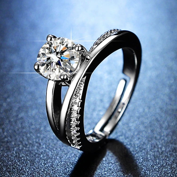 Ring one carat, adjustable open band with AAA zirconia, silver-layer plating