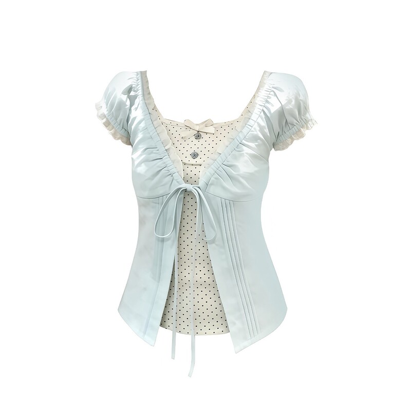 Two-Piece Set of College-Style Puff-Sleeved Short-Sleeved Shirts for Women in Summer, Slim-Fitting Waist-Cinching Babydoll Shirts for Small People Two-Piece Set of College-Style Puff-Sleeved Short-Sleeved Shirts for Women in Summer, Slim-Fitting Waist-Cinching Babydoll Shirts for Small People