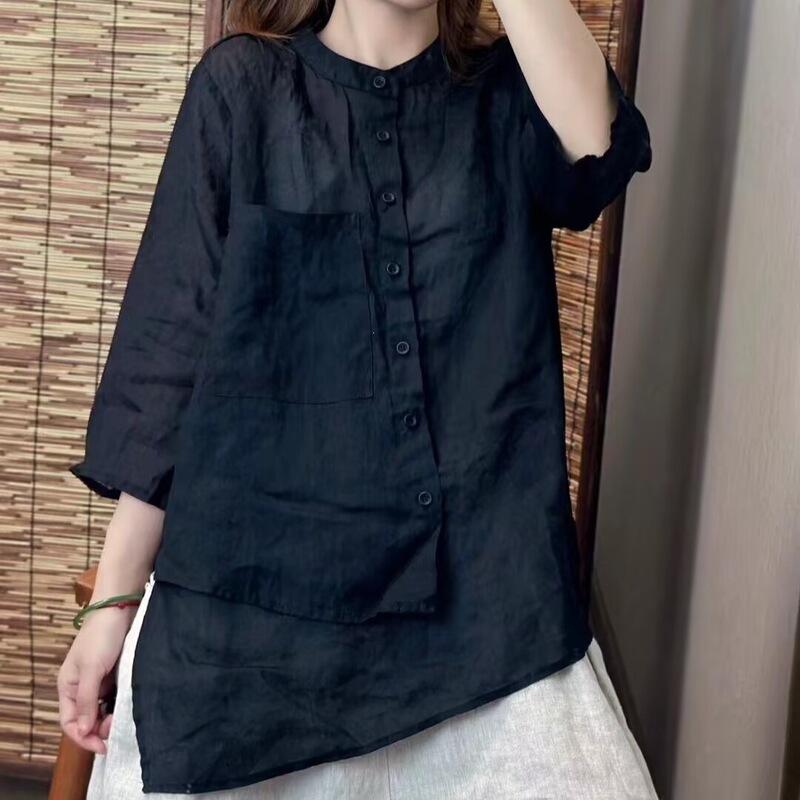 2026 Summer New Style Mid-Length Ramie Shirt Cardigan Casual Top Artistic Retro 8651