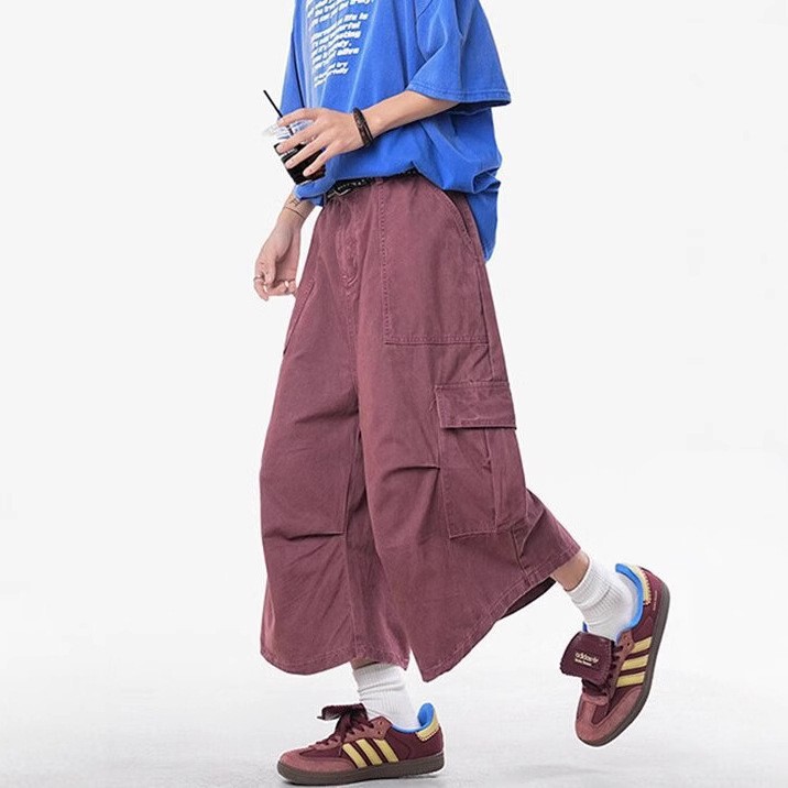 Burgundy Workwear Cropped Pants Men's 2025 New American Loose Shorts Straight Wide Leg Paratrooper Casual Pants