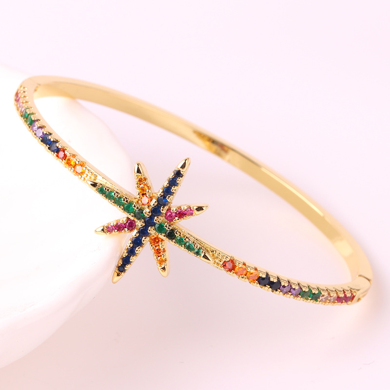 Multicolor, Star, Rectangle Pattern Glam Multicolor Star Rectangle Copper 18k Gold Plated Zircon Bangle In Bulk