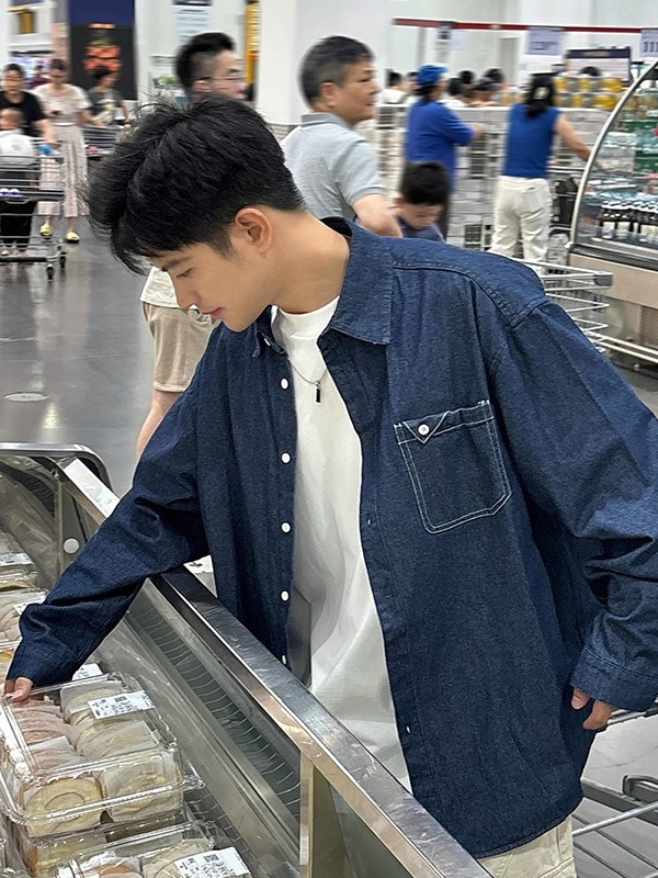 蓝色牛仔衬衫长袖男生2025秋季设计感百搭纯色外套休闲上衣衬衣|undefined