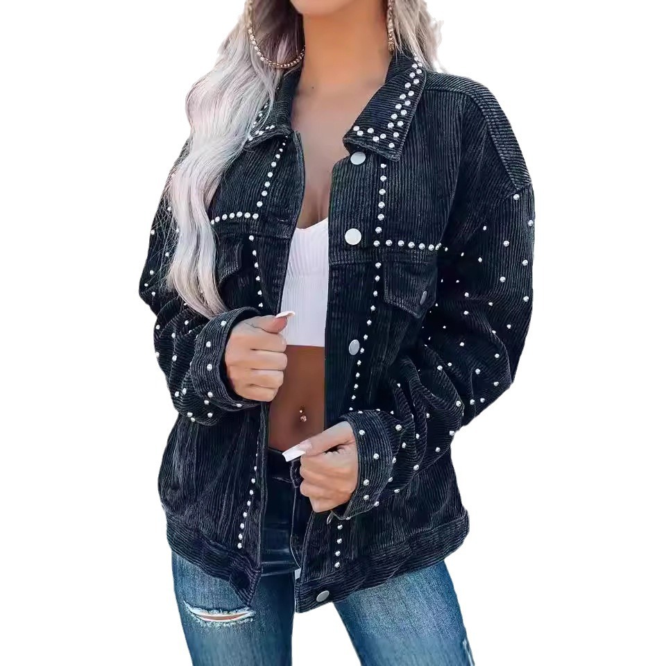 Women's Clothing 2024 early autumn new style casual fashion corduroy rivet long sleeved jacket_voghion.com
