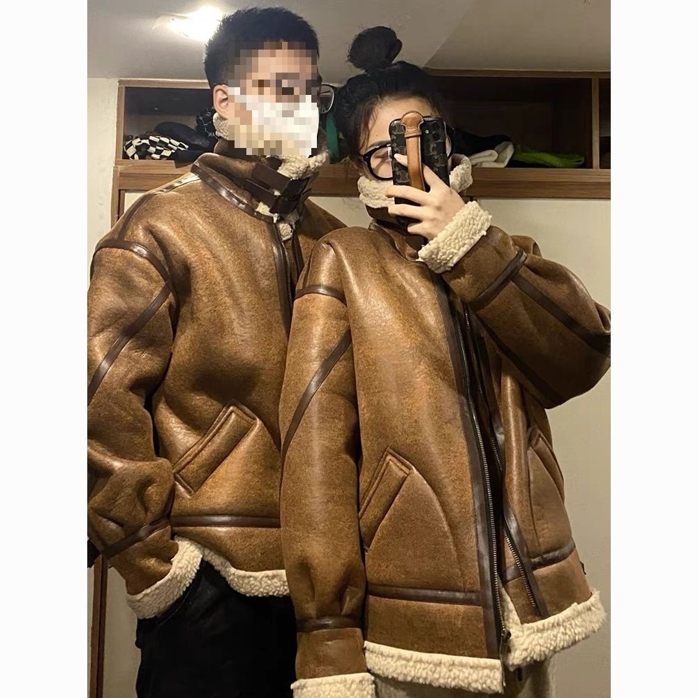 情侣外套冬季新款羊羔毛感复古加绒加厚机车棉衣棉服男女