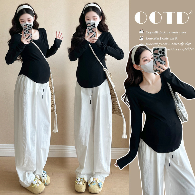 Maternity Wear Autumn New Style Cotton Slimming Look Long-Sleeved Top + Loose White Drawstring Pants Sweet Suit for Women