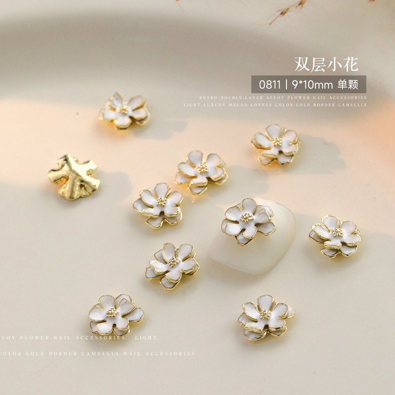 合金花朵美甲饰品爆款双层金边立体轻奢白色山茶花美甲钻DIY配饰|undefined