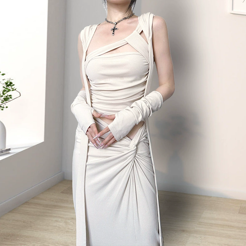 Европейский и американский 2023 Летний Новый пуловер без рукавов на бретелях, короткий топ, сексуальный раздельный длинный групповой Повседневный костюм для горячих девушек