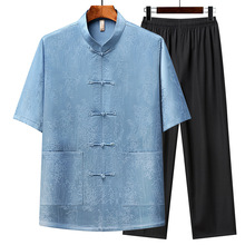 中老年复古短袖衬衫夏季中式立领唐装上衣薄款中国风休闲男装套装