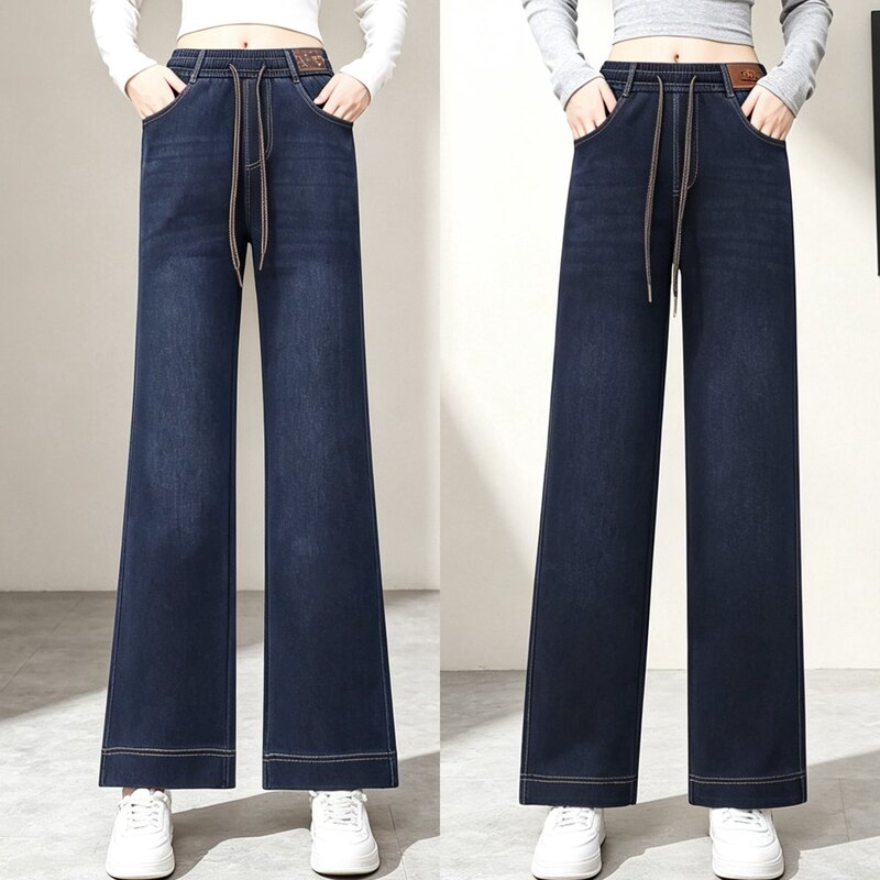 2026 Spring and Autumn New High-Waisted Straight-Leg Jeans for Women with Elastic Waistband and Drawstring, Plus Size Wide-Leg Pants, Fashionable Casual for Middle-Aged Women 2026 Spring and Autumn New High-Waisted Straight-Leg Jeans for Women with Elastic Waistband and Drawstring, Plus Size Wide-Leg Pants, Fashionable Casual for Middle-Aged Women