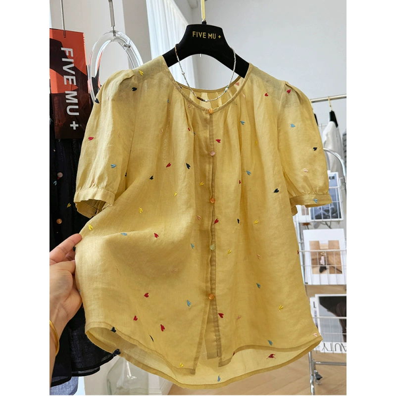 Женская рубашка с короткими рукавами и круглым вырезом в корейском стиле с тяжелой вышивкой в ​​виде маленького сердца, летний темпераментный топ, очень красивая тонкая блузка из рами.