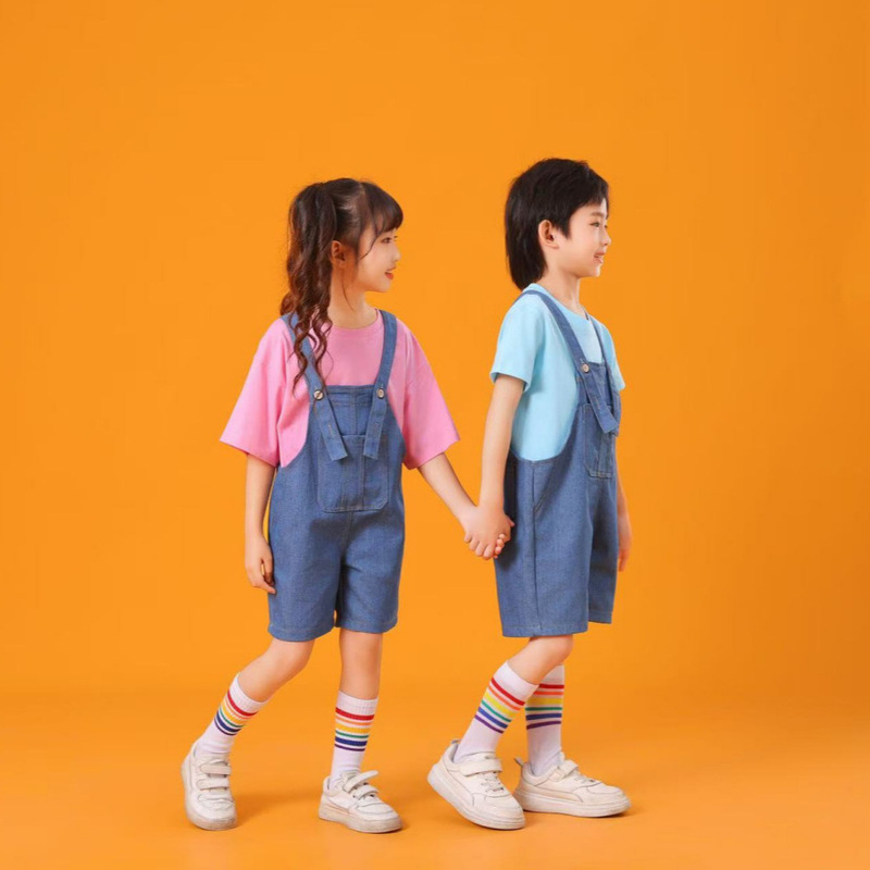 跨境现货儿童演出服合唱啦啦队牛仔背带裤批发幼儿园毕业照彩彩色|undefined