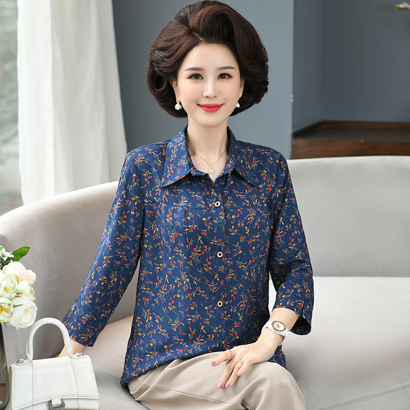 Summer Clothing for Middle-aged and Elderly Women's Pure Cotton Silk Shirt Spring Clothing for Old People's Mother Large Size Grandma's Long Sleeve Shirt for Wife