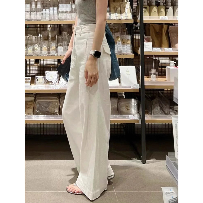 2025 Early Spring New Style White Cotton and Linen Wide-leg Pants for Small Men High Waist Dosing Slimming Straight Casual Pants Women's Clothing