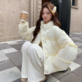 黄色奶fufu波点羽绒服女冬季2025新款加厚木耳边拼接90白鸭绒外套