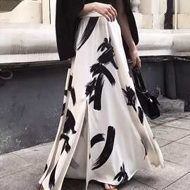 大码中国墨画印花半身裙女春夏字裙设计感复古开叉大摆长裙